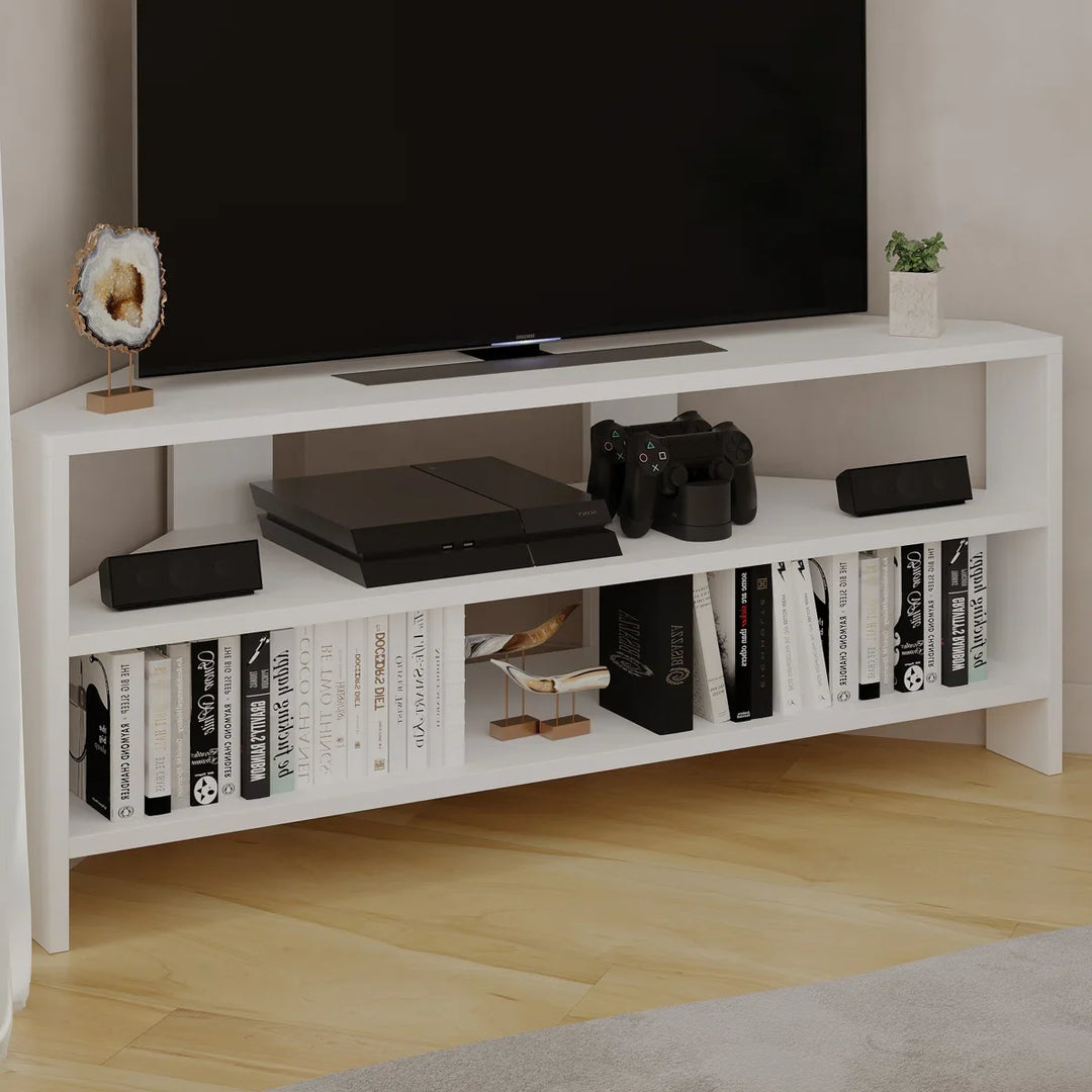 OmkarWood Vertex White Corner TV Stand – Premium Engineered Wood Unit for TVs up to 49"