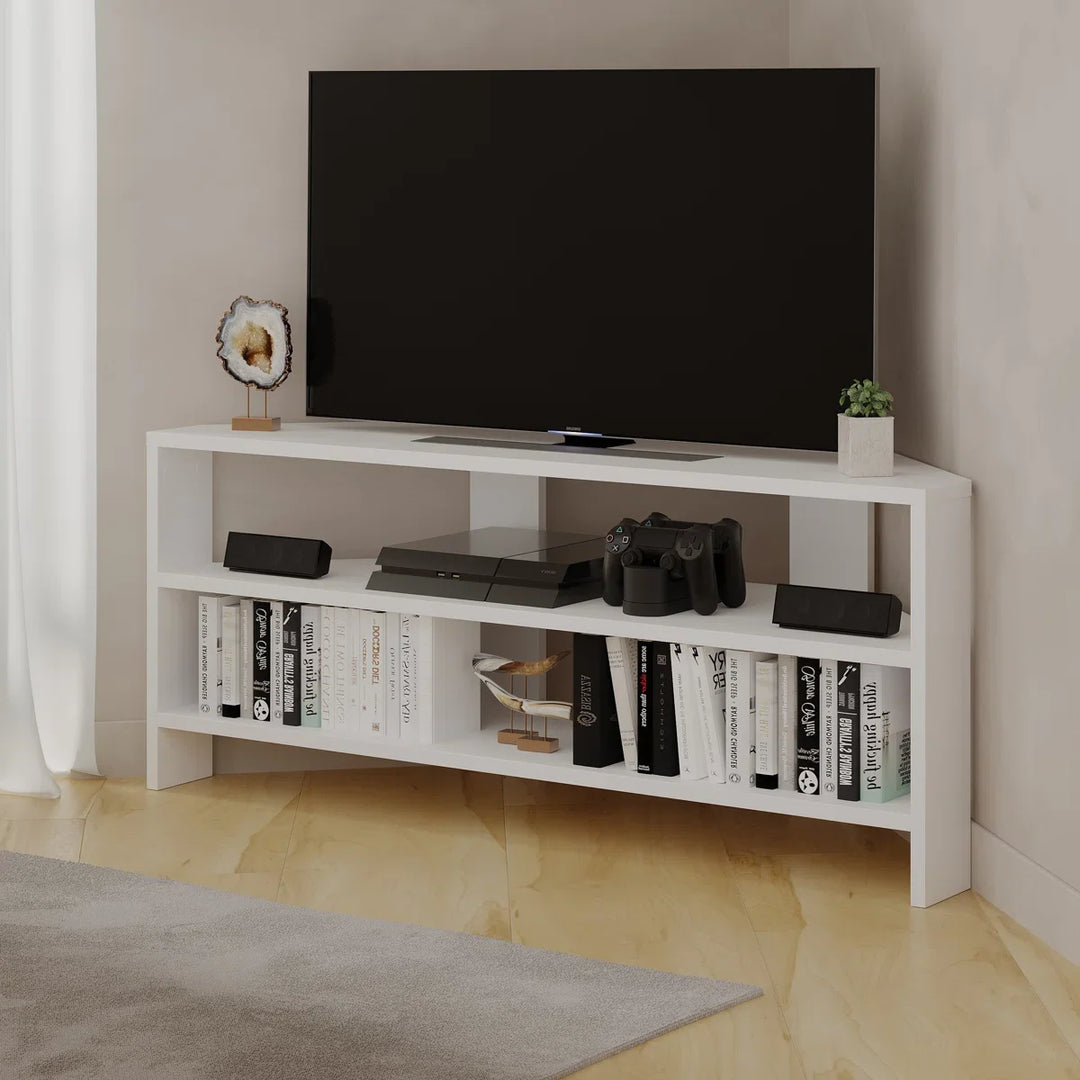 OmkarWood Vertex White Corner TV Stand – Premium Engineered Wood Unit for TVs up to 49"