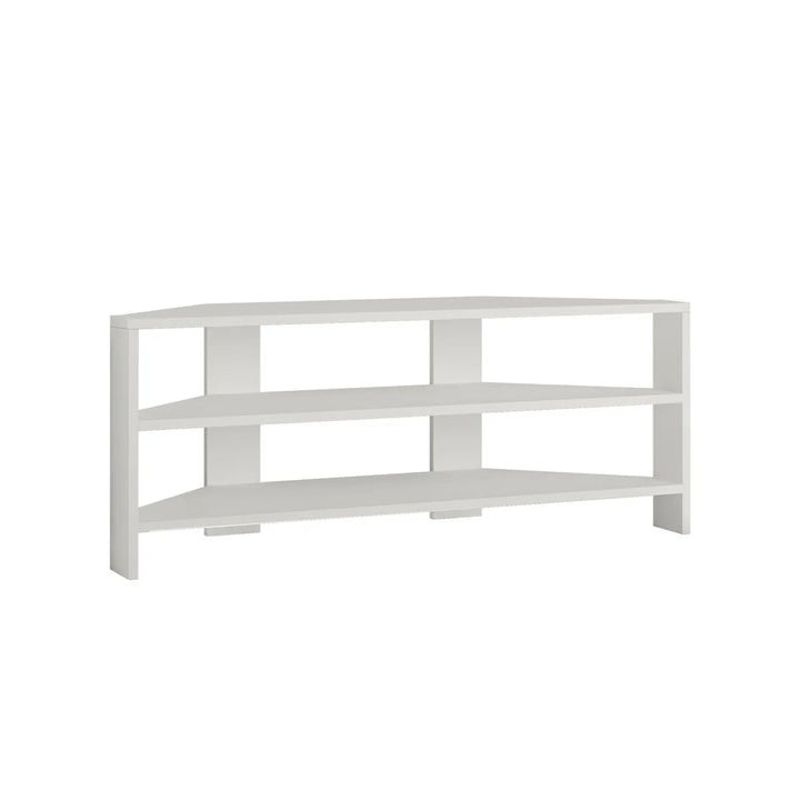 OmkarWood Vertex White Corner TV Stand – Premium Engineered Wood Unit for TVs up to 49"