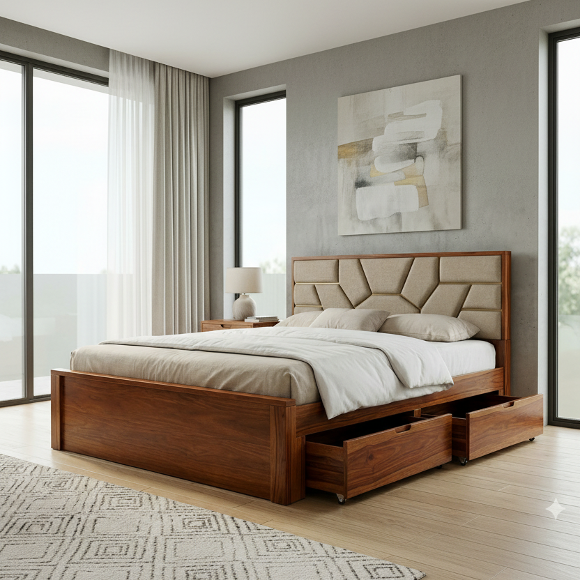 Brianna Premium Sheesham Wood Bed with Fabric Headboard