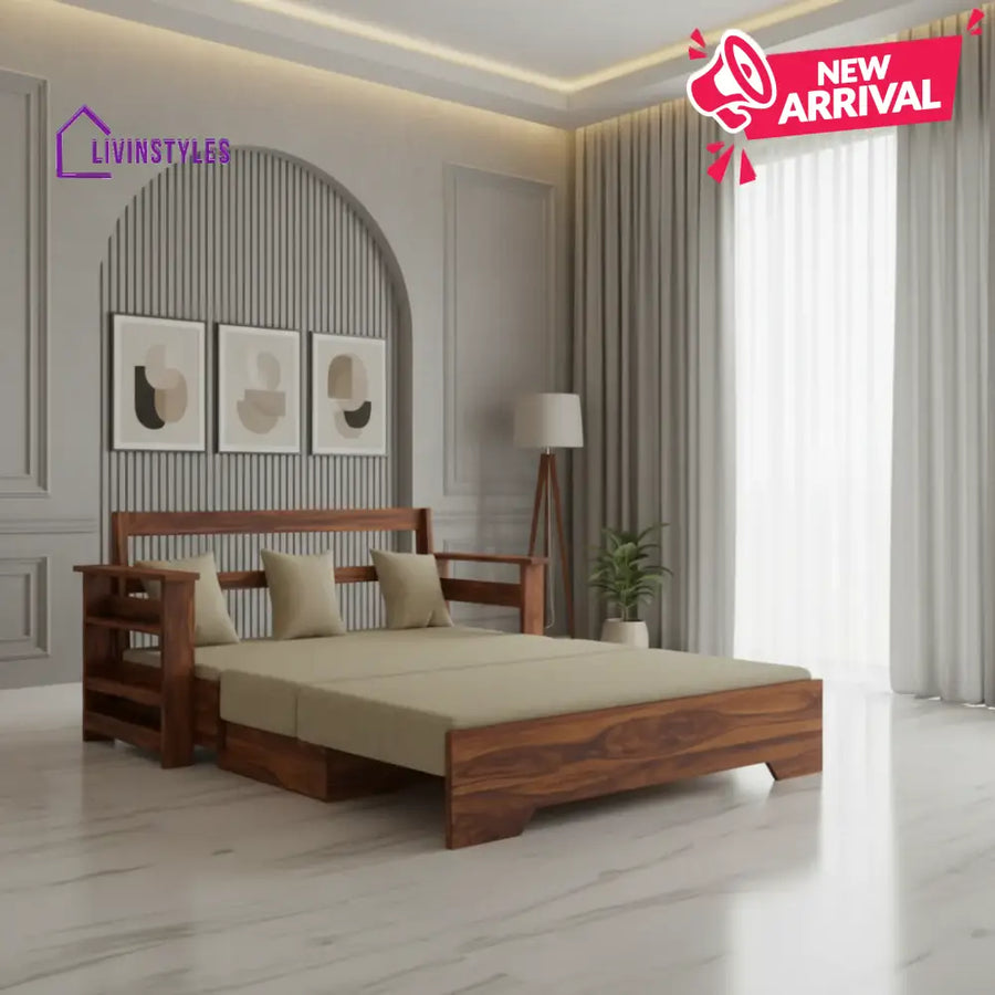 Brielle Solid Sheesham Wood 3 Seater Sofa Cum Bed With Side Pockets Sofa Cum Bed