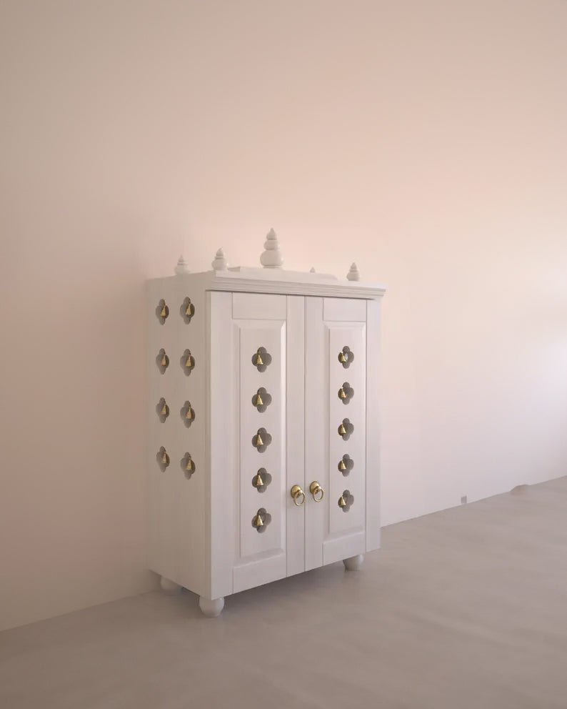 Natalia Medium Traditional Wooden Pooja Mandir with Doors, Bells & Lamps | Handcrafted Home Temple