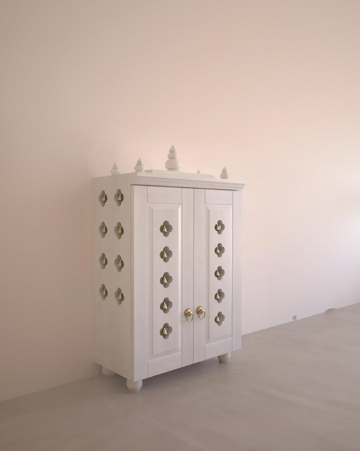 Natalia Medium Traditional Wooden Pooja Mandir with Doors, Bells & Lamps | Handcrafted Home Temple