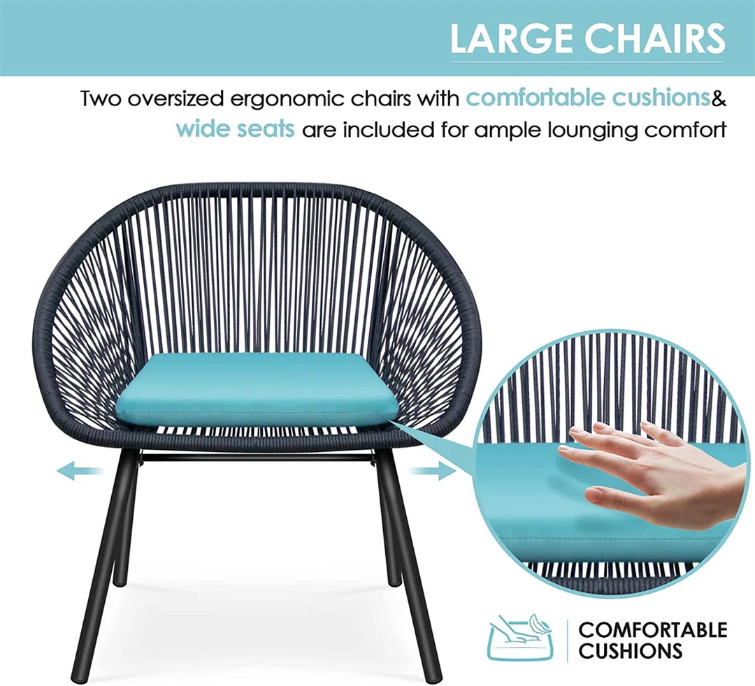 Kiku Outdoor Patio Seating Set 2 Chairs and 1 Table Set (Black + Blue)