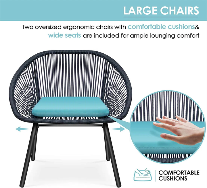 Kiku Outdoor Patio Seating Set 2 Chairs and 1 Table Set (Black + Blue)