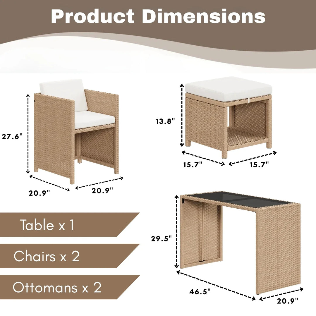 Outdoor Wicker 5-Piece Bar Set with Glass Top Table & Ottomans