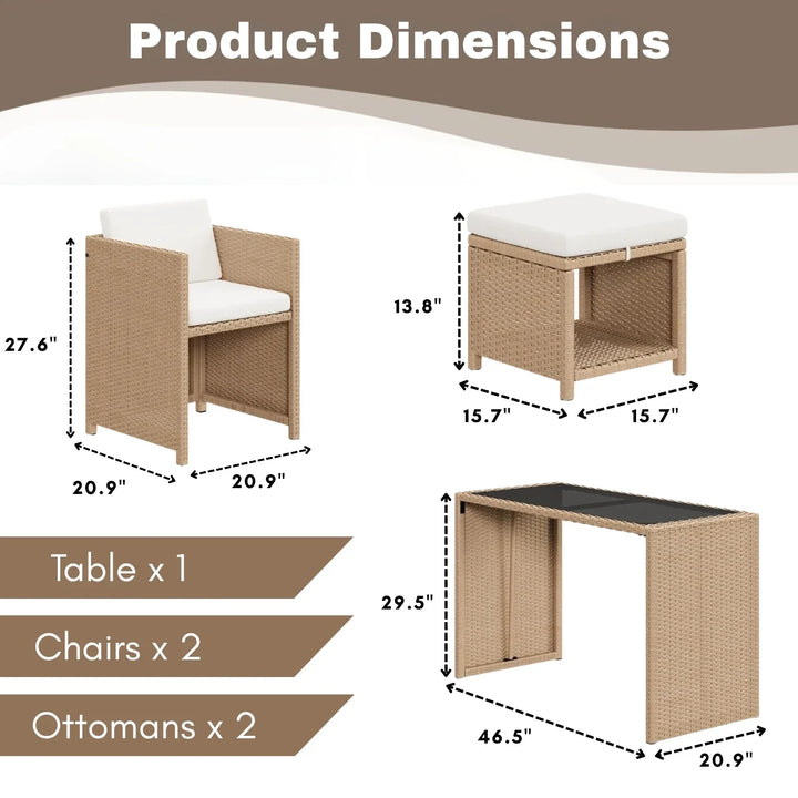 Outdoor Wicker 5-Piece Bar Set with Glass Top Table & Ottomans
