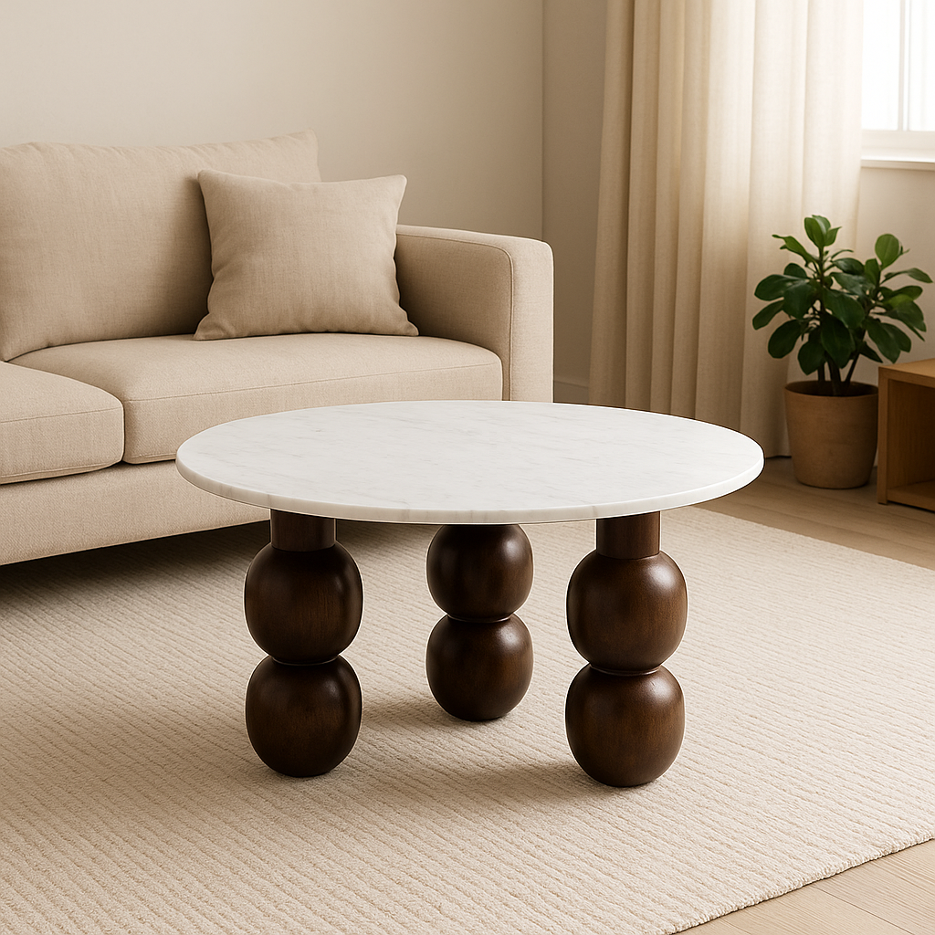 Shaurya Premium Round Center Table with Banswara White Marble Top & Solid Wood Ball Legs – Modern Coffee Table