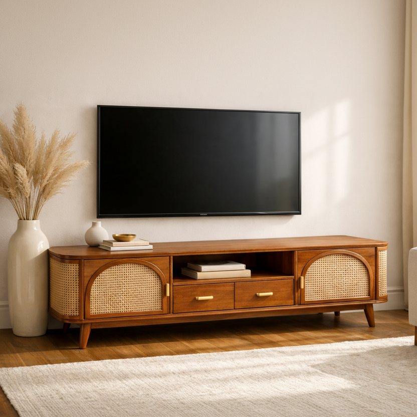 Dang Premium Solid Wood TV Unit with Cane Panel Cabinet