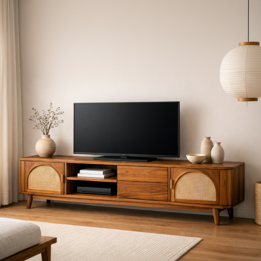 Hien Premium Solid Wood TV Unit with Cane Panel Cabinet