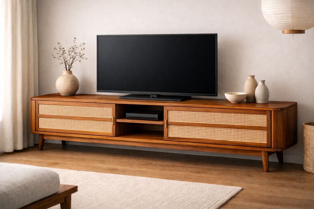Hanh Premium Solid Wood TV Unit with Cane Panel Cabinet