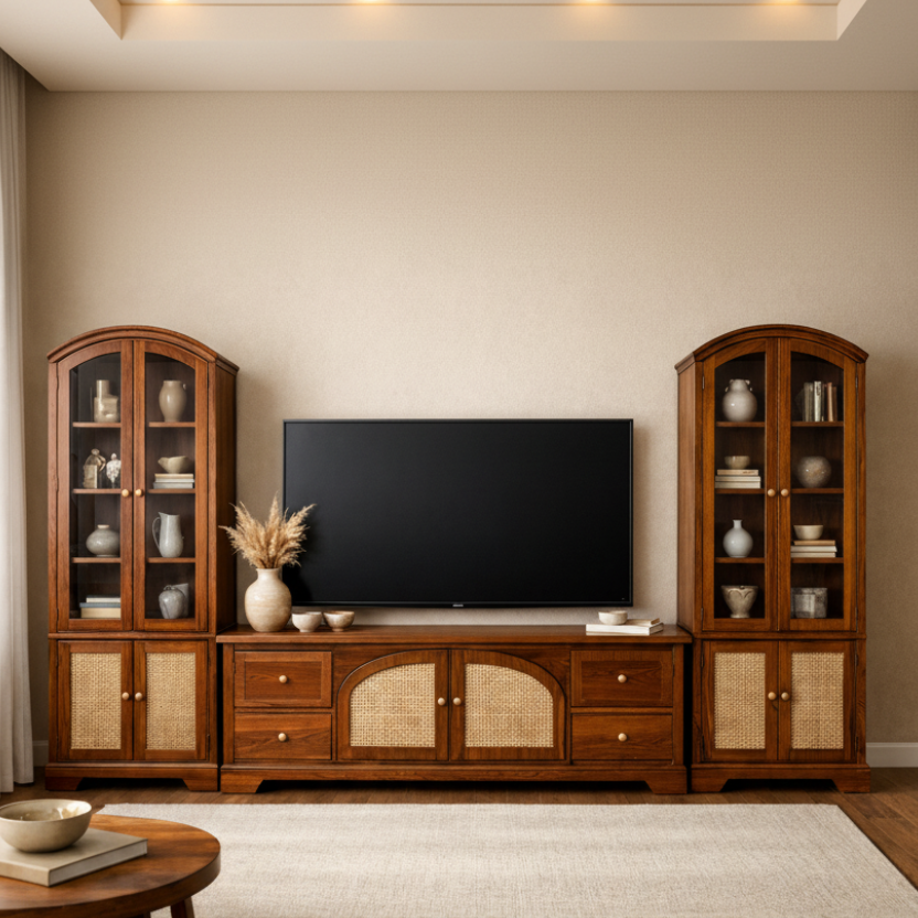 Alexander Premium Solid Wood TV Unit with Cane Panel Cabinet