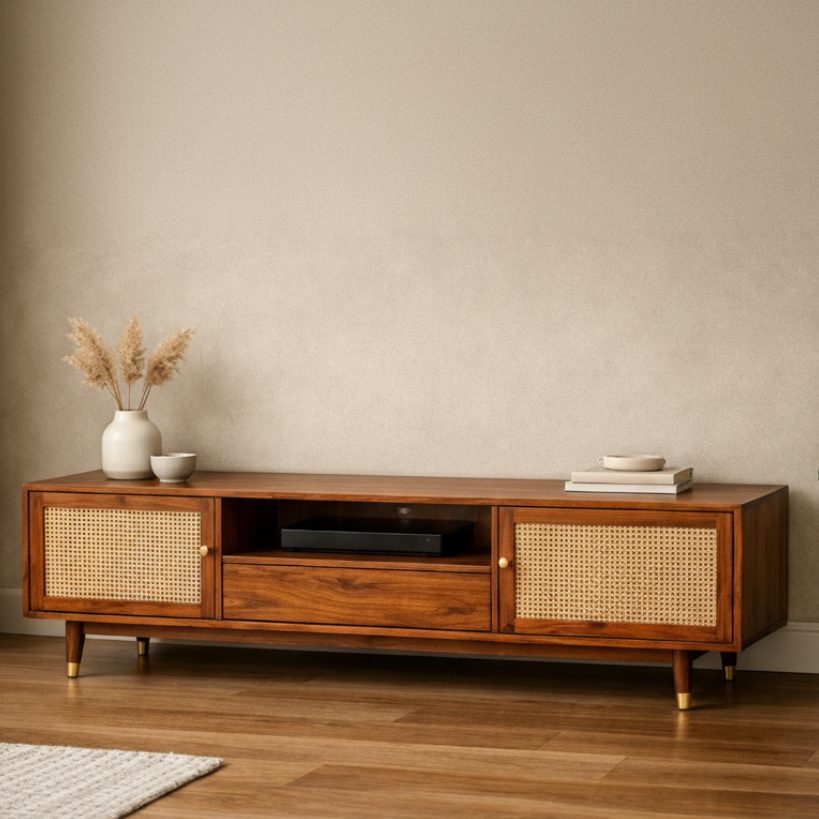Pham Premium Solid Wood TV Unit with Cane Panel Cabinet