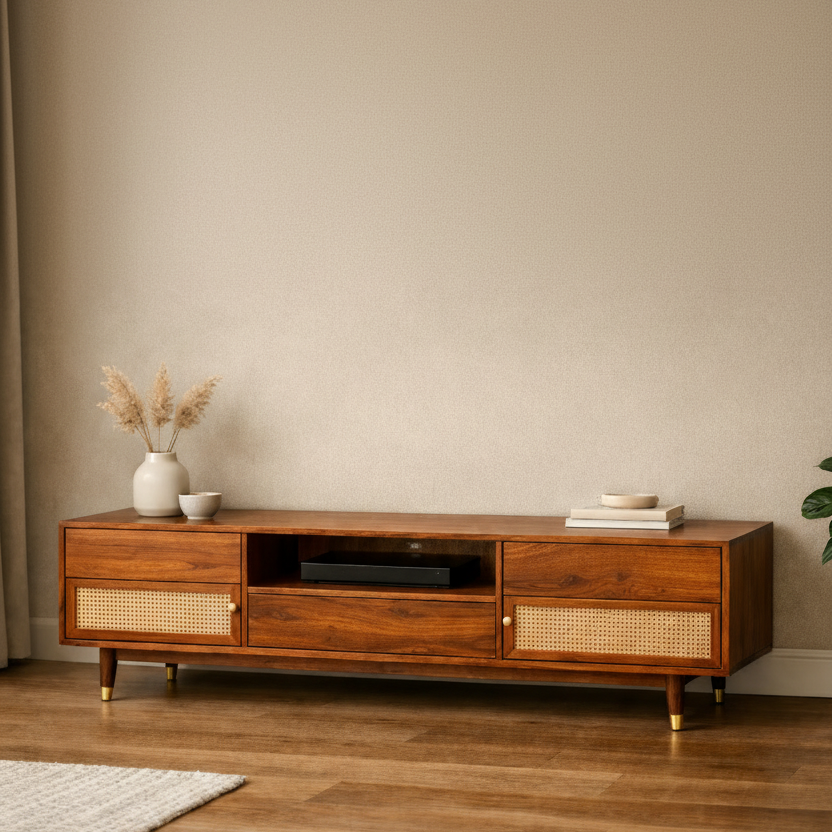 Canvea Premium Solid Wood TV Unit with Cane Panel Cabinet