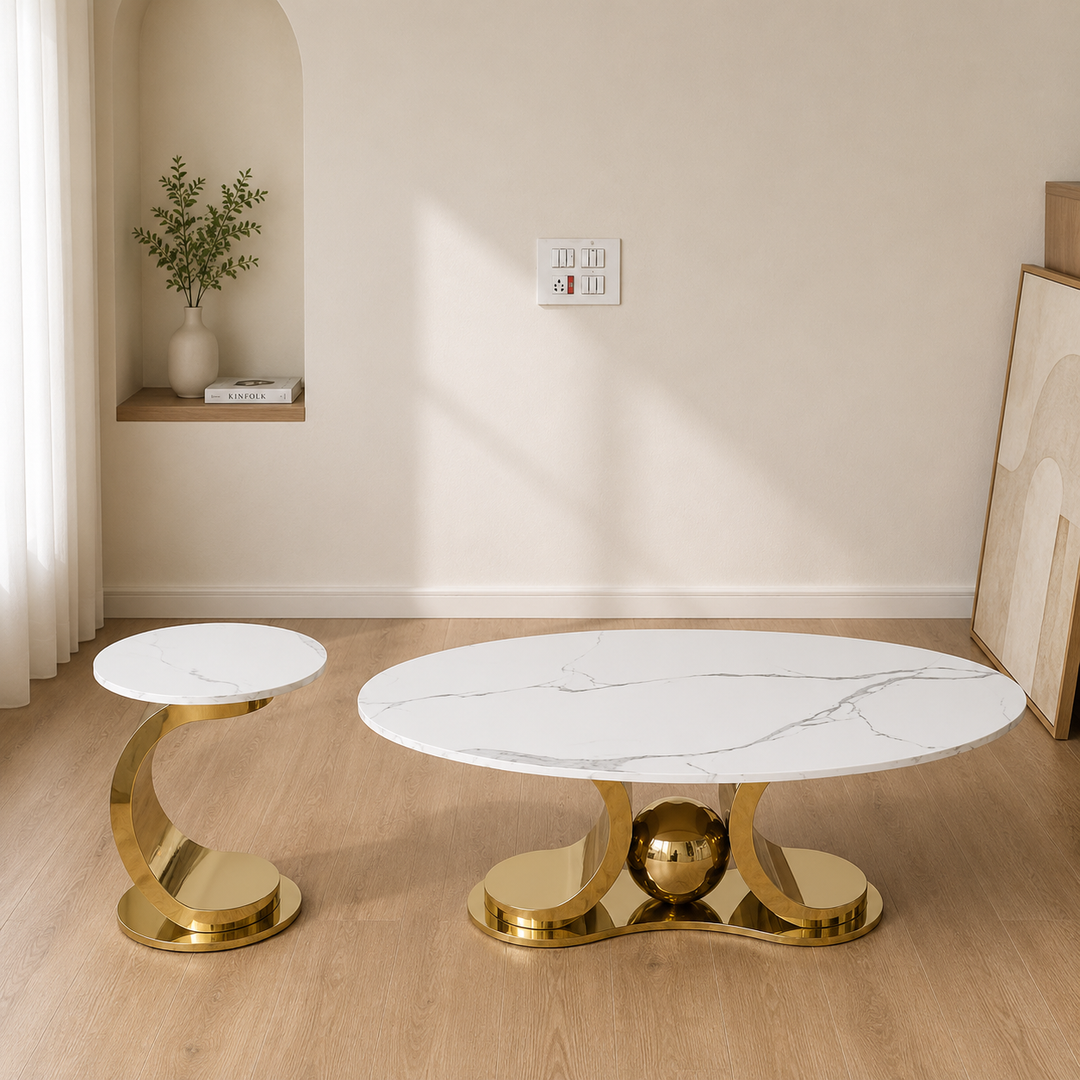 Radiant Marble Top Stainless Steel with PVD Coated Coffee Table Set