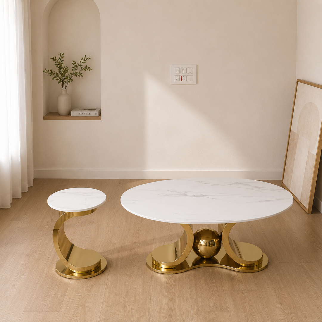 Radiant Marble Top Stainless Steel with PVD Coated Coffee Table Set