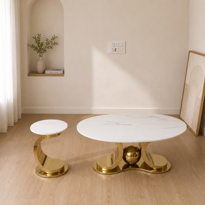 Radiant Marble Top Stainless Steel with PVD Coated Coffee Table Set