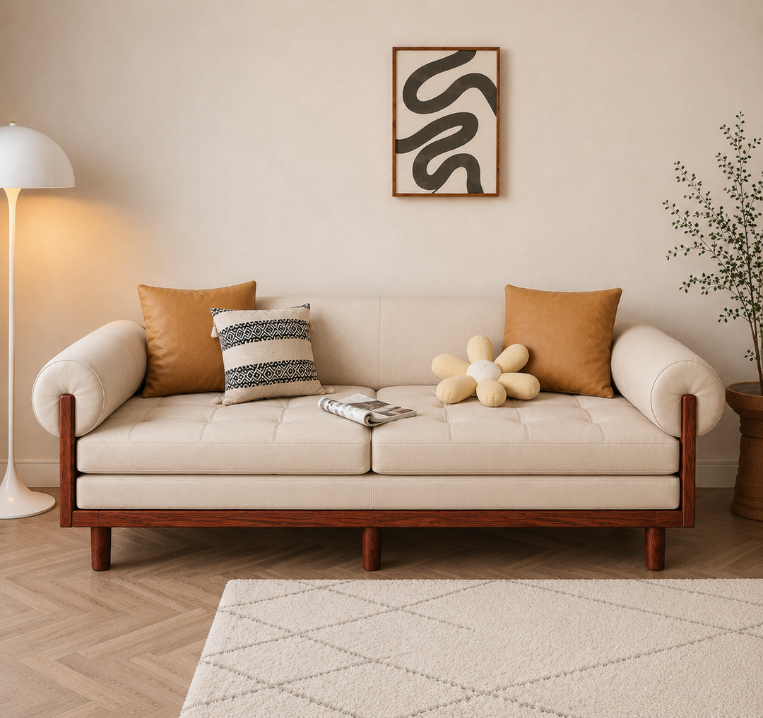 Japandi Solid Wood Recessed Arms Folding Sleeper Sofa Bed - SOFA BED