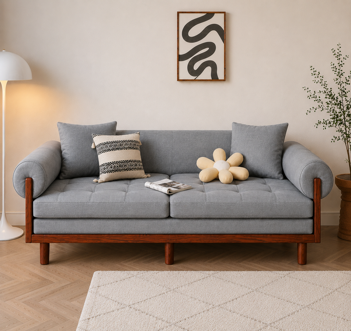 Japandi Solid Wood Recessed Arms Folding Sleeper Sofa Bed - SOFA BED