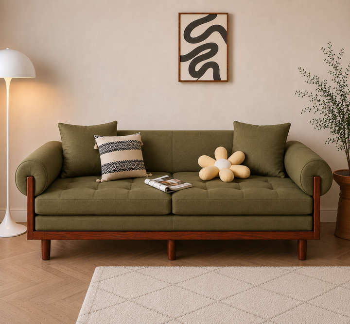 Japandi Solid Wood Recessed Arms Folding Sleeper Sofa Bed - SOFA BED