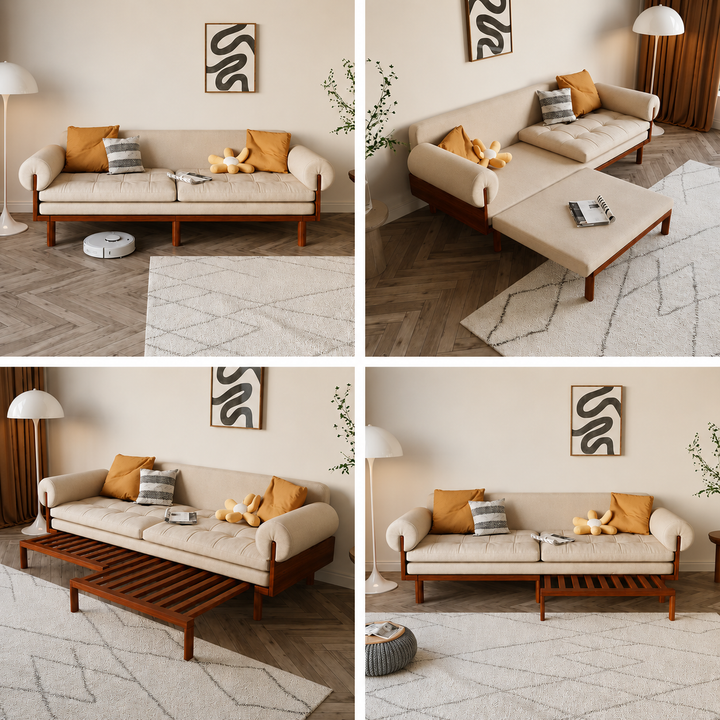 Japandi Solid Wood Recessed Arms Folding Sleeper Sofa Bed - SOFA BED