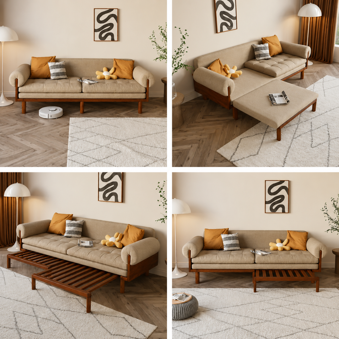 Japandi Solid Wood Recessed Arms Folding Sleeper Sofa Bed - SOFA BED