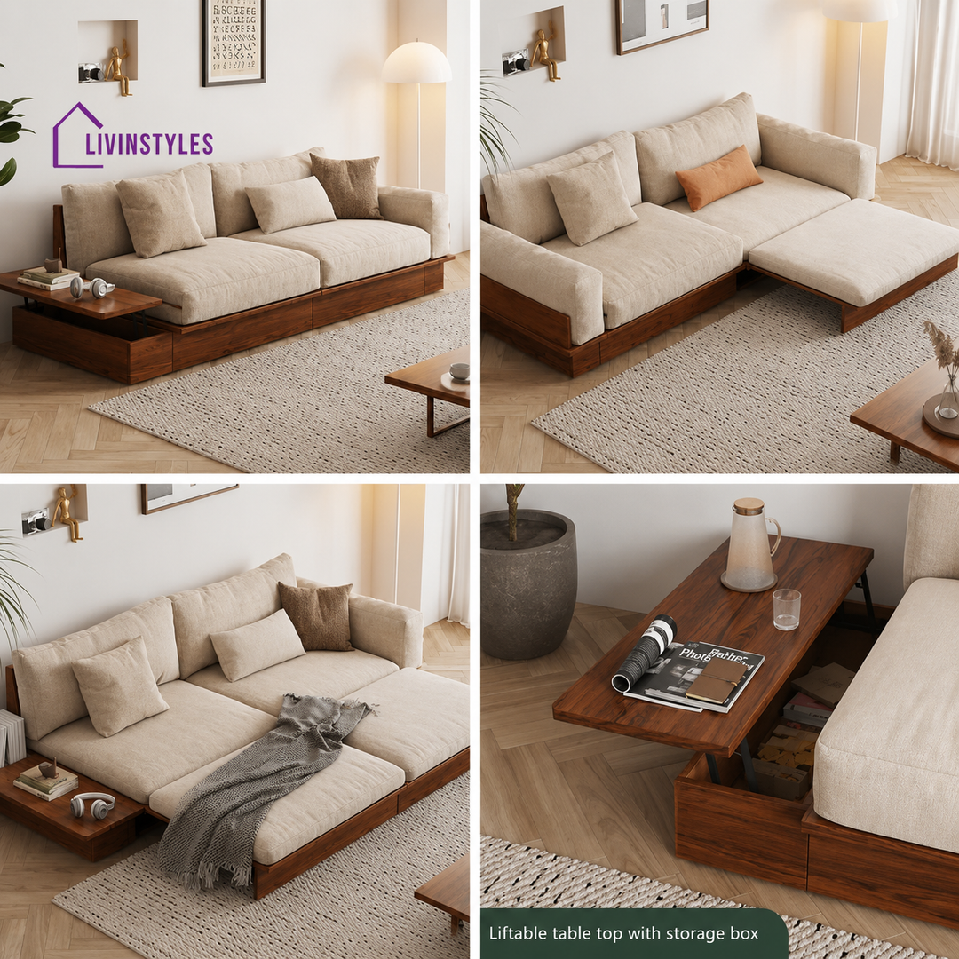 Lara Solid Wood Sofa Come Bed with Liftable Armrest Storage Box - SOFA BED