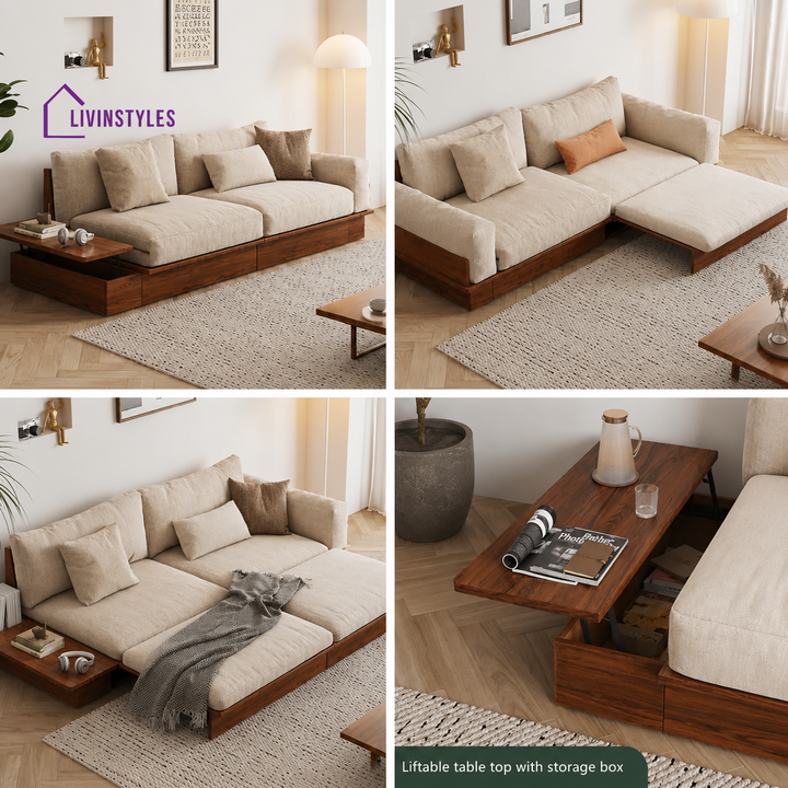 Lara Solid Wood Sofa Come Bed with Liftable Armrest Storage Box - SOFA BED
