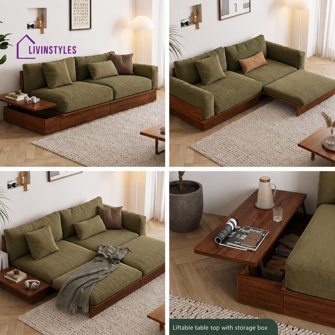 Lara Solid Wood Sofa Come Bed with Liftable Armrest Storage Box - SOFA BED
