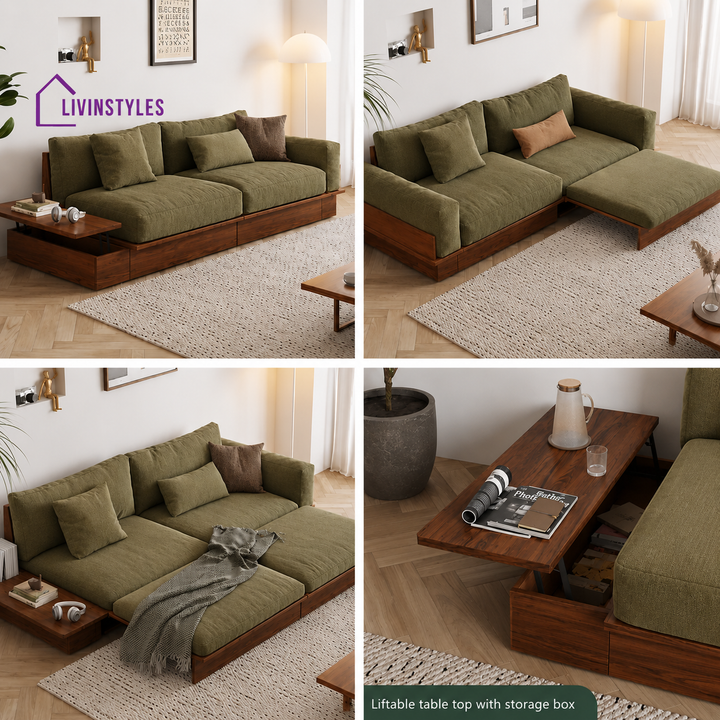 Lara Solid Wood Sofa Come Bed with Liftable Armrest Storage Box - SOFA BED