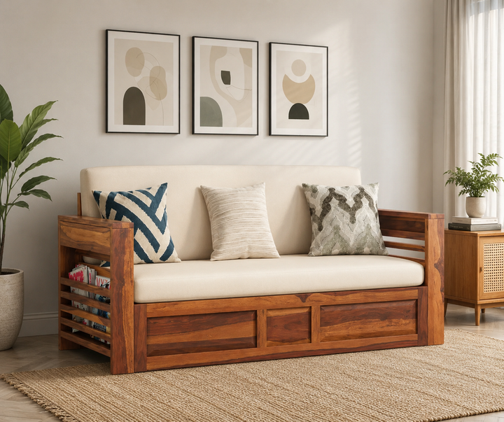 Artem Solid Wood Sheesham Sofa Cum Bed | Solid Wood Sofa Come Bed (Honey Finish)