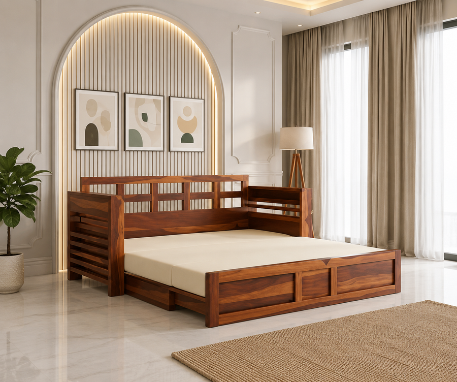 Artem Solid Wood Sheesham Sofa Cum Bed | Solid Wood Sofa Come Bed (Honey Finish)