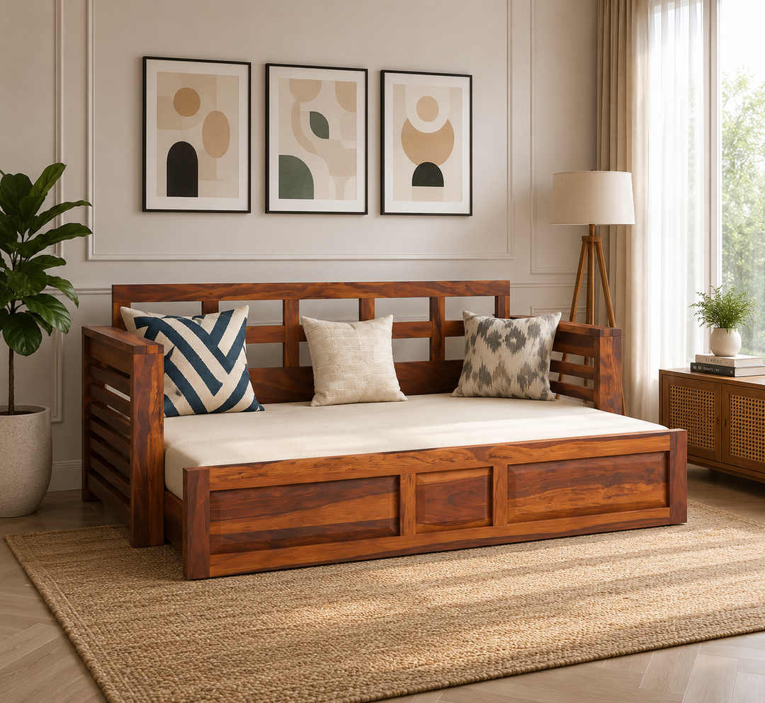 Artem Solid Wood Sheesham Sofa Cum Bed | Solid Wood Sofa Come Bed (Honey Finish)