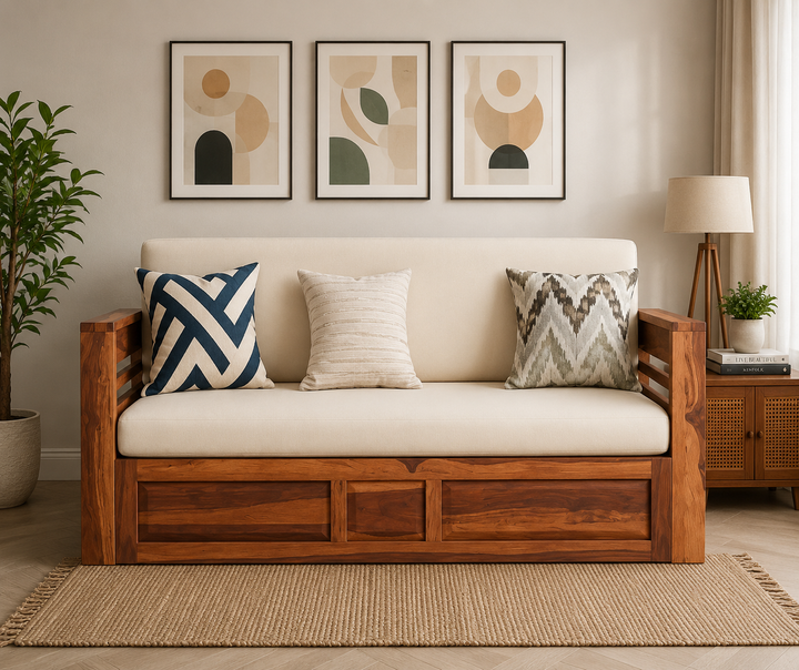 Artem Solid Wood Sheesham Sofa Cum Bed | Solid Wood Sofa Come Bed (Honey Finish)