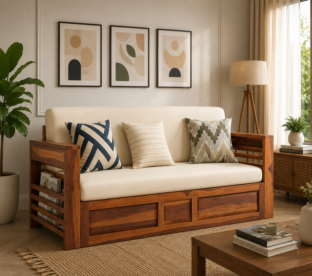 Artem Solid Wood Sheesham Sofa Cum Bed | Solid Wood Sofa Come Bed (Honey Finish)