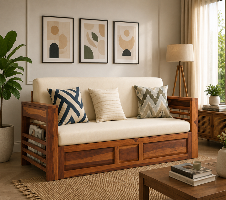 Artem Solid Wood Sheesham Sofa Cum Bed | Solid Wood Sofa Come Bed (Honey Finish)