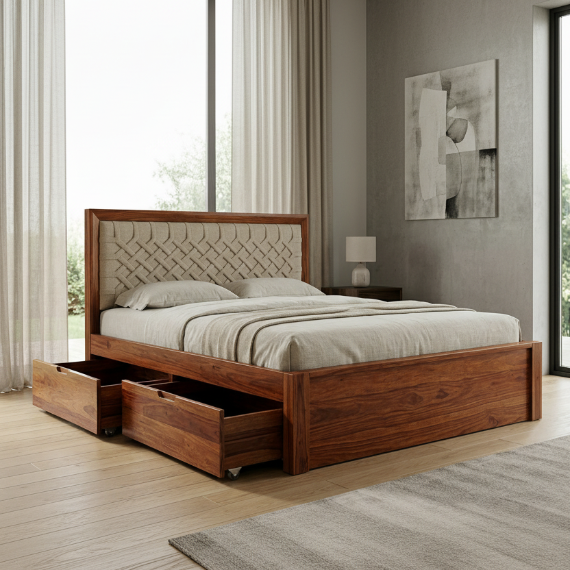 Clara Premium Sheesham Wood Bed with Fabric Headboard