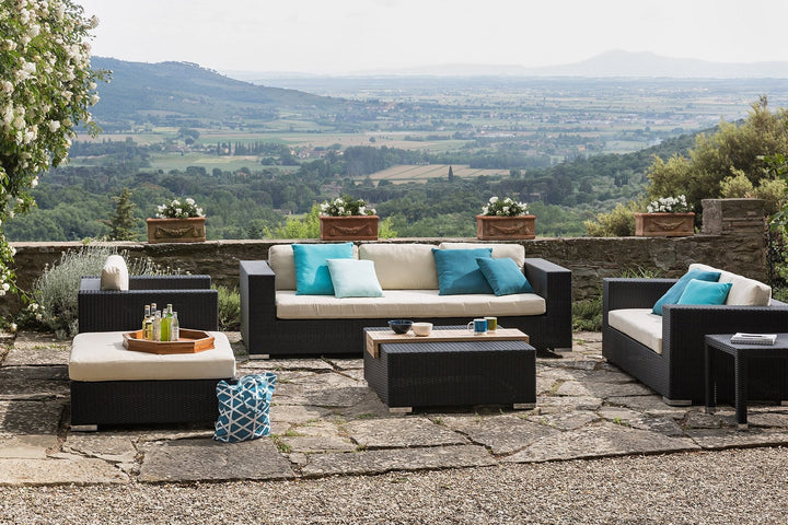 Spera Outdoor Garden Balcony Sofa Set 3 Seater, 2 Seater, 1 Seater, 1 Ottoman, 1 Center Table and 1 Side Table Set (Black)