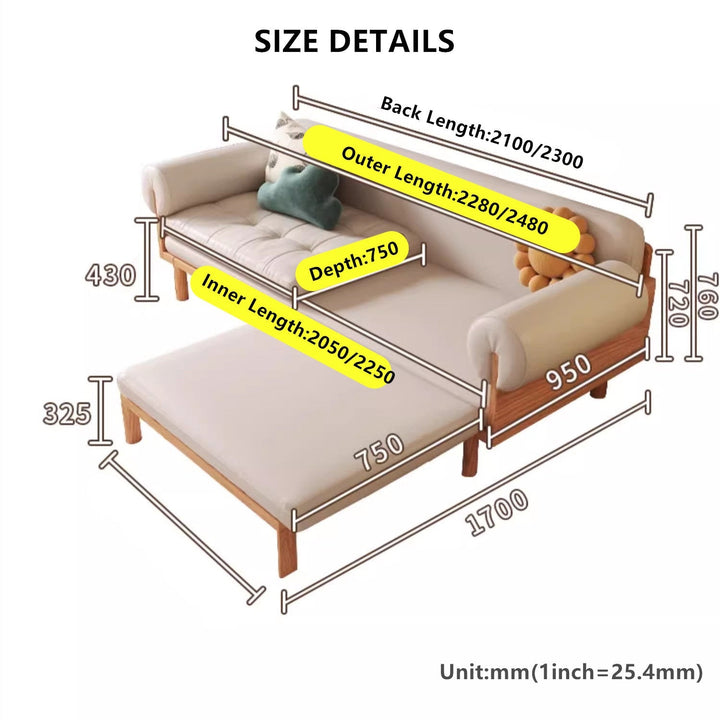 Japandi Solid Wood Recessed Arms Folding Sleeper Sofa Bed 2.3M/91INCH LEATHAIREFABRIC(BEIGE) SOFA BED