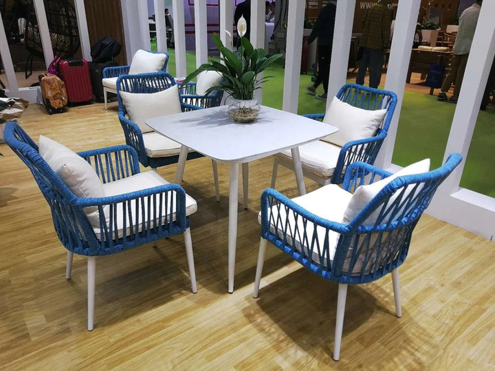 Lanexa Outdoor Patio Seating Set 4 Chairs and 1 Table Set (Blue + White) Braided & Rope