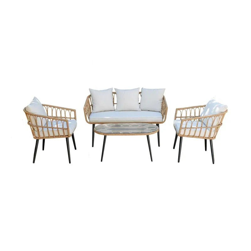 Pyro Outdoor Garden Balcony Sofa Set 2 Seater, 2 Single seater and 1 Table Set (White + Tan)