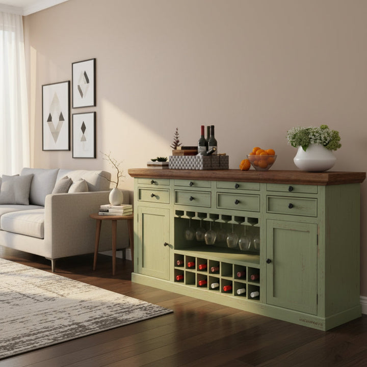 Kateryna Wooden Drink Cabinet Bar Counter (Light Green Distress) simple