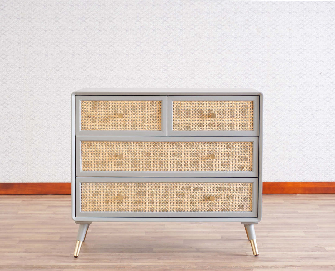 Valentina Solid Wood Rattan Cane Chest of Drawer Four Drawer