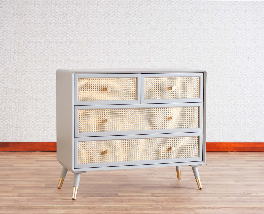 Valentina Solid Wood Rattan Cane Chest of Drawer Four Drawer