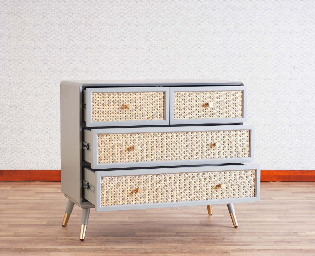 Valentina Solid Wood Rattan Cane Chest of Drawer Four Drawer
