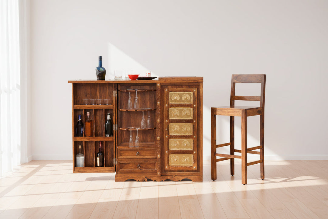 Martina Solid Wood Bar Honey L 188 x D 50 x H 101 cm (Opened) L 94 x D 50 x H 104 cm (Compact) / Honey Bar