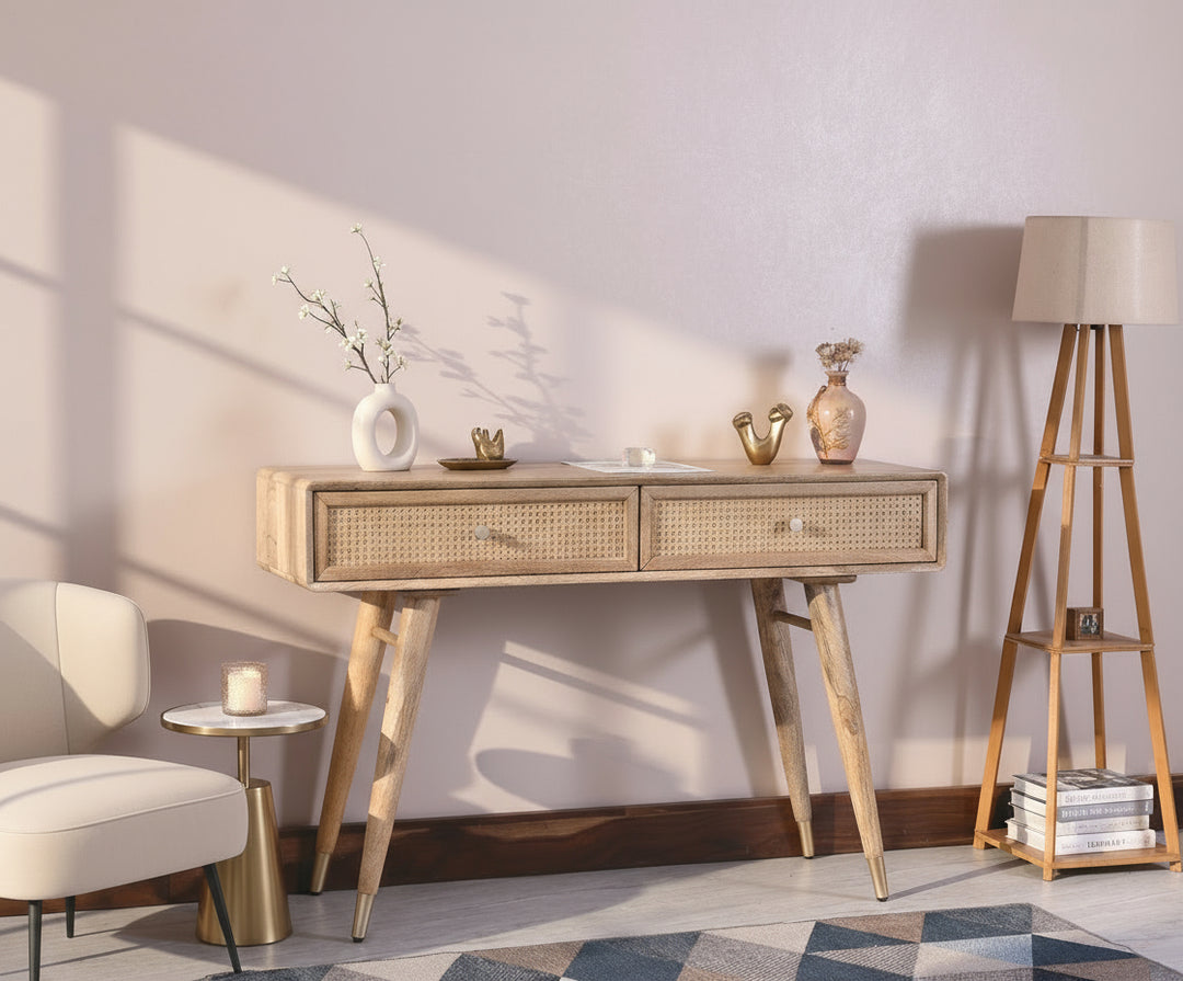 Ana Solid Wood Rattan Cane Study Laptop Table with Two Drawer