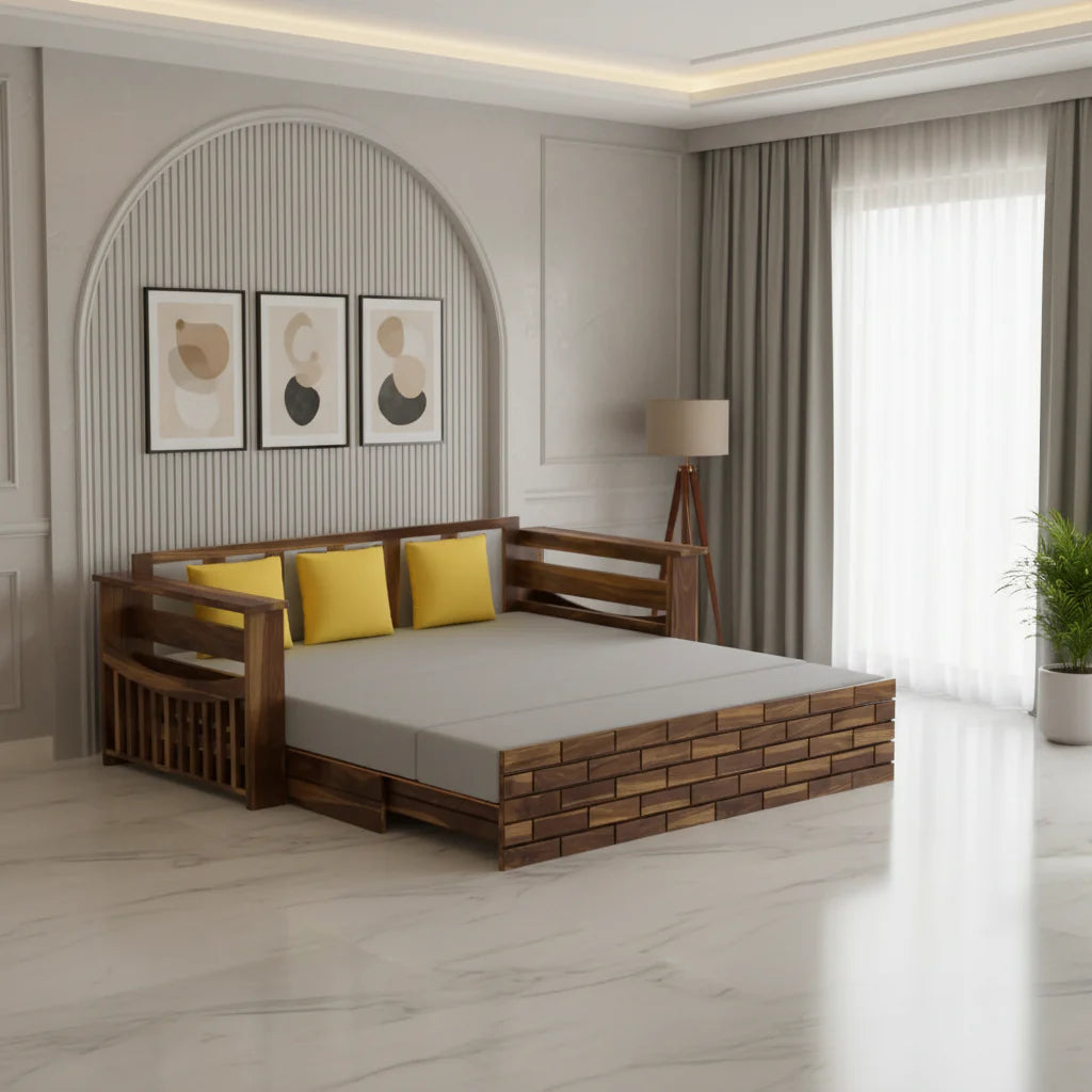 Dahlia Solid Sheesham Wood 3 Seater Sofa Cum Bed With Mini Storage and Side Pockets Sofa Cum Bed