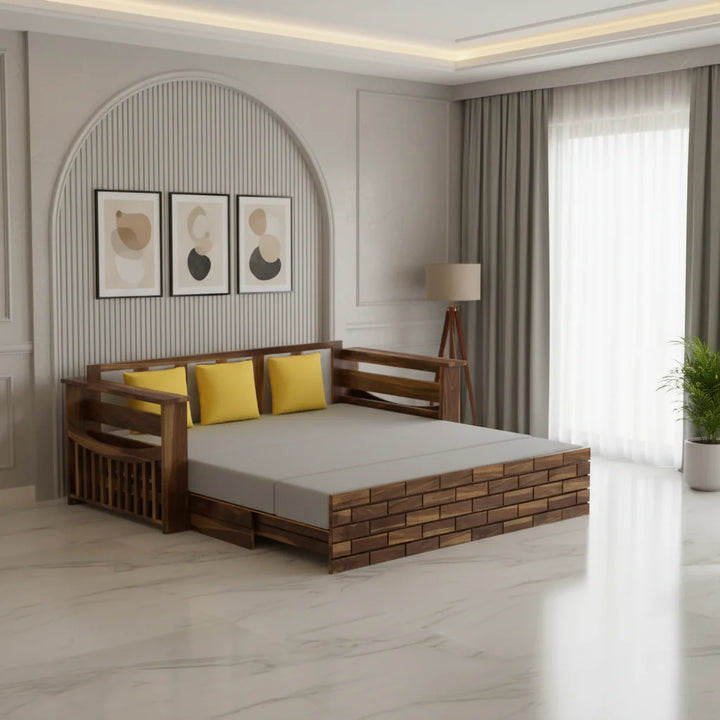 Dahlia Solid Sheesham Wood 3 Seater Sofa Cum Bed With Mini Storage and Side Pockets Sofa Cum Bed