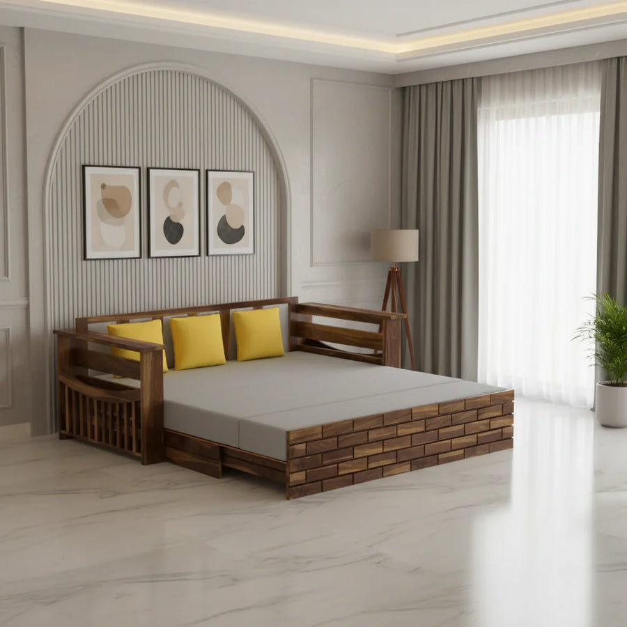 Dahlia Solid Sheesham Wood 3 Seater Sofa Cum Bed With Mini Storage and Side Pockets Sofa Cum Bed